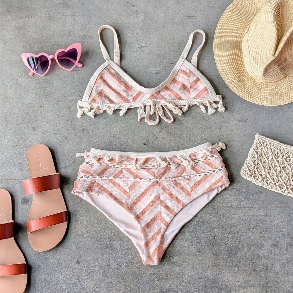 Tularosa Elisa Bikini Top and Bottoms Set in Blush Stripe small swimsuit